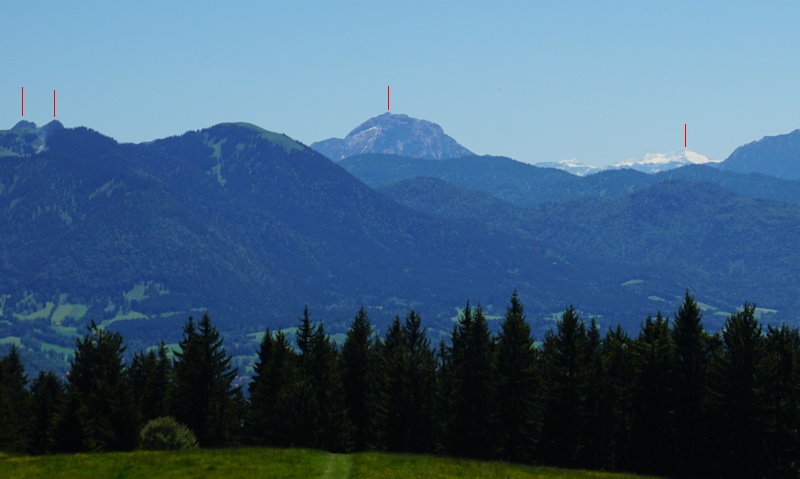 Blick von der Gassenhofer Alm, von links: Buchstein, Roßstein, Guffertspitze, Großvenediger